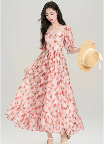 Floral Sweetheart Neck Puff Sleeve Dress